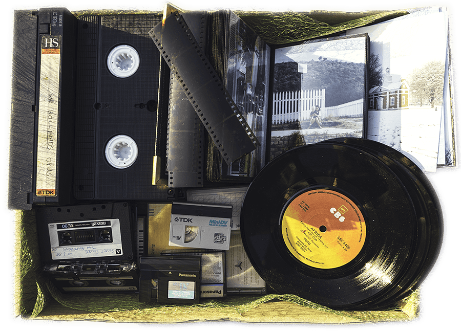 crate of outdated video, audio and photo media